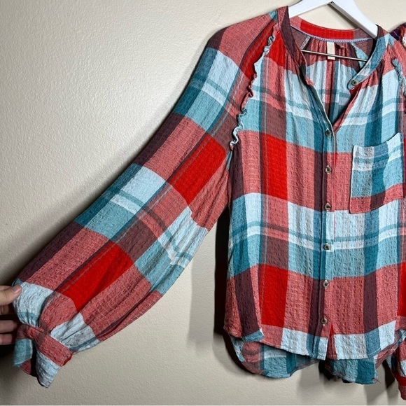 Anthropologie Pilcro Womens lot of 2 Plaid Flannel Ruffle Blouse Button Up Small - Picture 3 of 15